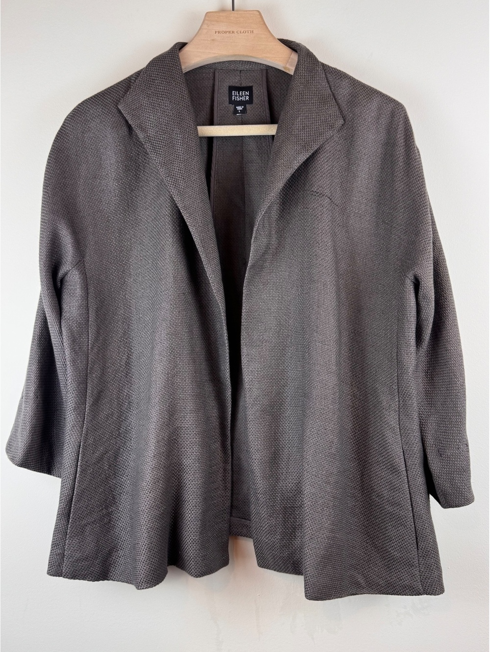 Eileen Fisher Linen Cotton Textured Open Front Jacket Gray Size L Relaxed Fit